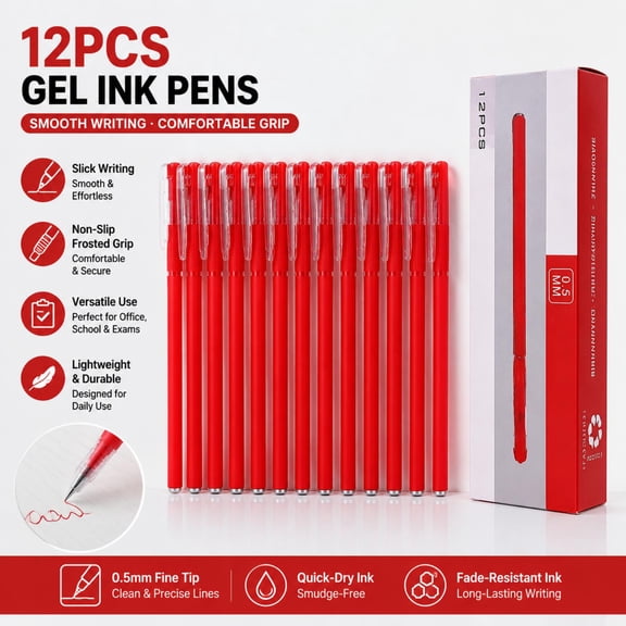 12-Pack Red Ballpoint Pens - Smooth Writing Office & Exam Pens with Frosted Grip (Bulk Boxed,Needle type)