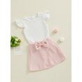 thumbnail image 3 of Biekopu Toddler Girl Summer 2Pcs Outfit Solid Color Fly Sleeve Ribbed Tops with Bow Tweed Mini Skirt Set, 3 of 9
