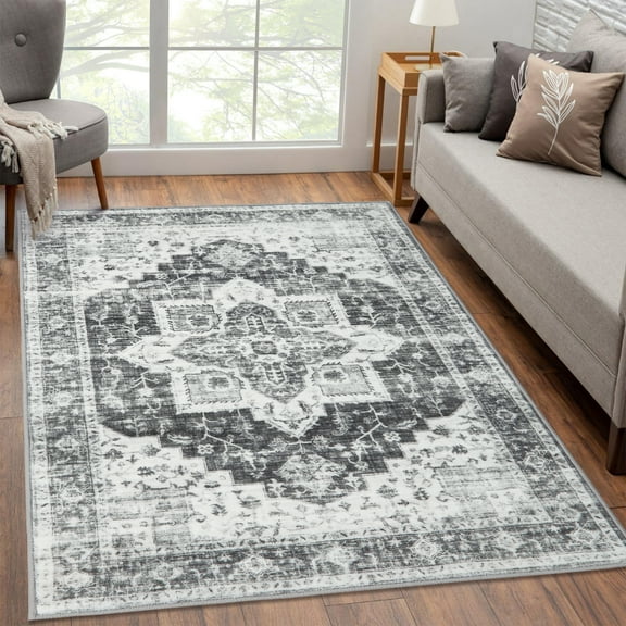 ZACOO Area Rug 9x12 Vintage Rug Washable Rug Indoor Print Distressed Carpet Non-Shedding Non-Slip Oriental Area Rug for Living Room Bedroom, Gray