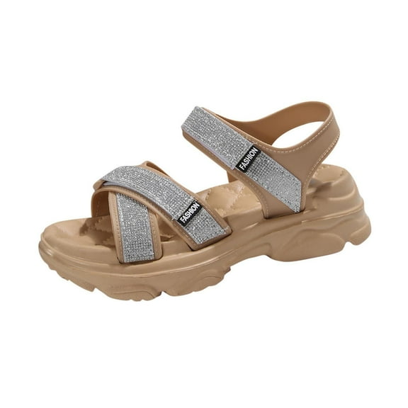 Beige Women'S Wedge Sandals With Glittery Cross Straps Round Open Toe Thick Platform For A Sparkling Beach Look