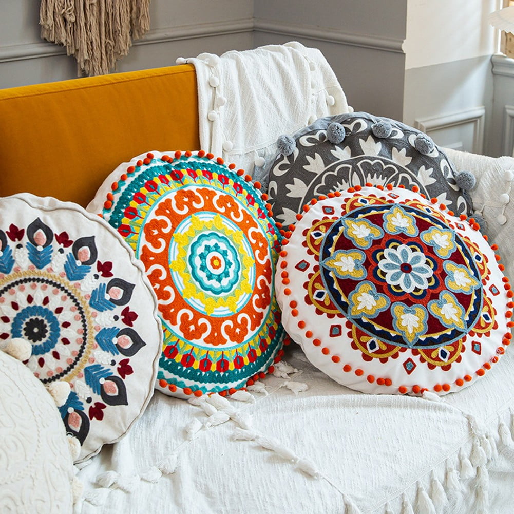 Morocco Ethnic Style Hand Embroidery Round Pillow Case Living Room Sofa Decorate