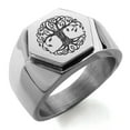 thumbnail image 1 of Stainless Steel Celtic Knot Tree of Life Engraved Hexagon Crest Flat Top Biker Style Polished Ring, 1 of 1