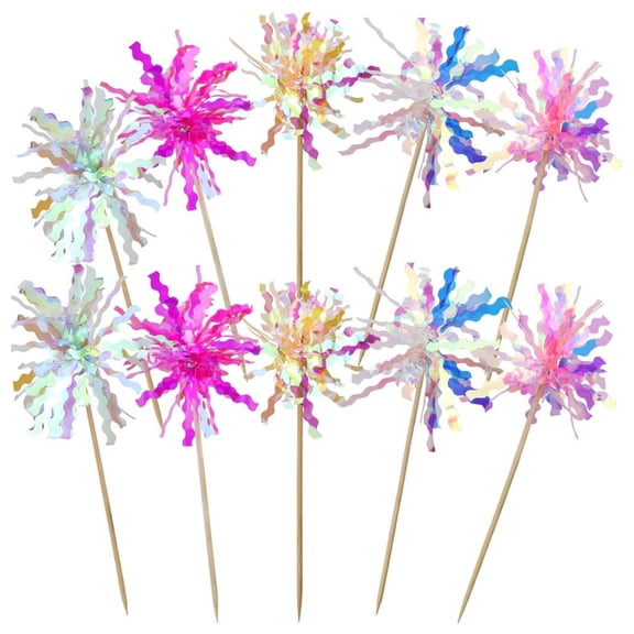10 Pcs Happy Birthday Cake Toppers Foil Firework Cupcake Toppers Sparkle Tinsel Drink Stirrers Flowers Cake Decoration Cocktail Food Fruit Toothpick for Cake Decoration Party Supplies