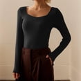 thumbnail image 1 of Womens Long Sleeve Shirts Crop Tops Solid Square Neck Going Out Basics Tees with Chest Pad (Black XXS), 1 of 3