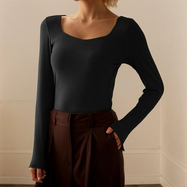 Womens Long Sleeve Shirts Crop Tops Solid Square Neck Going Out Basics Tees with Chest Pad (Black XL)