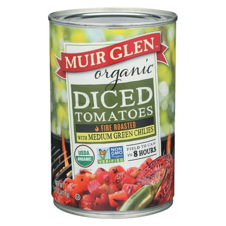 Organic Diced Tomatoes - Muir Glen Fire Roasted Diced Tomatoes With Green Chilies - Green Chilies - Pack of 12 - 14.5 Oz.
