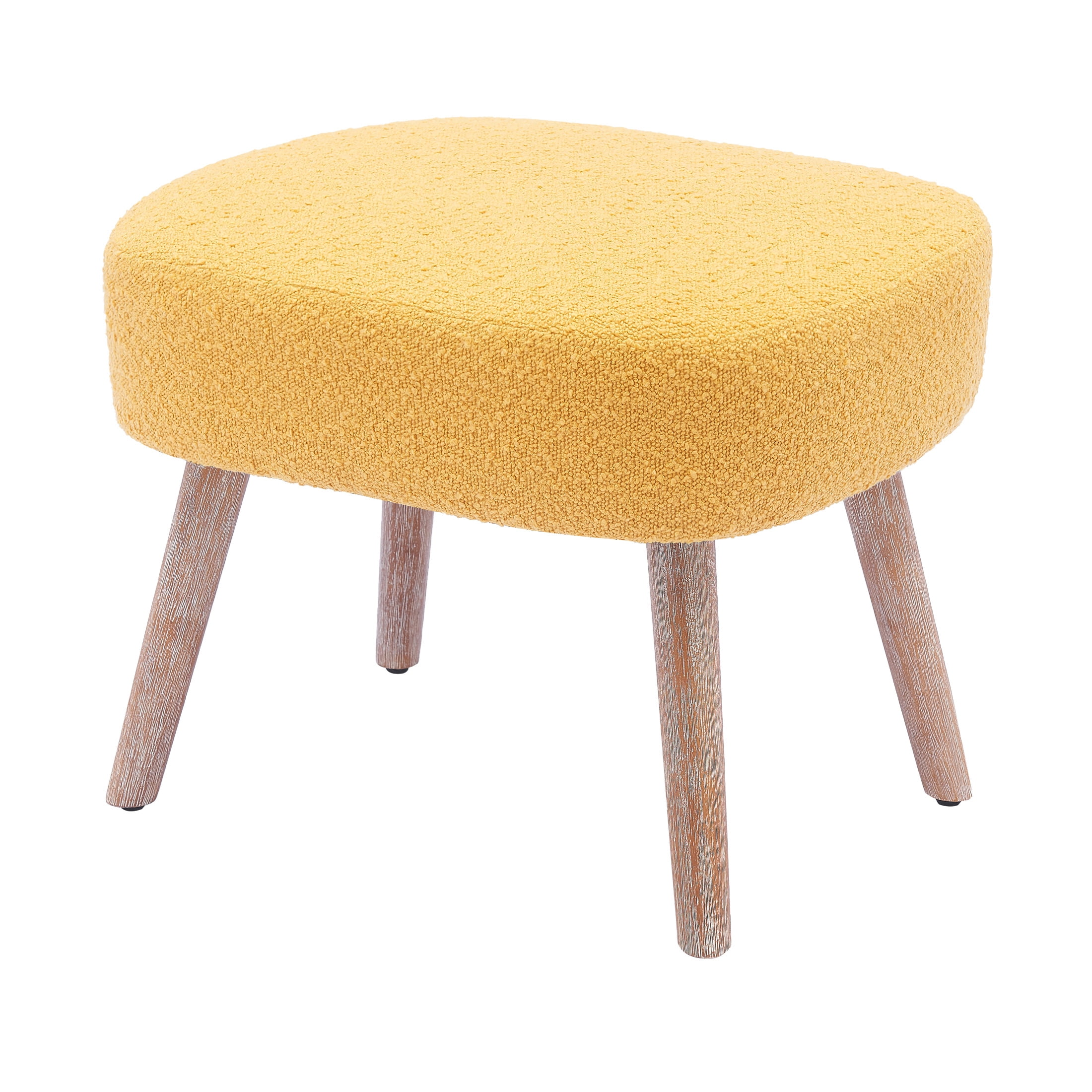 Mid-Century Modern 16.5" Tall Water and Stain Resistant Boucle Fabric Upholstered Ottoman with Wooden Legs, Mustard