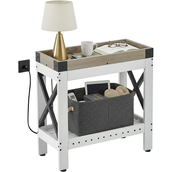 ZEXVIDA Narrow Side Table, End Table,Sofa Side Table, End Table Nightstand for Bedroom, Living Room, Small Spaces with 2 USB and 2 Power Outlets(with Outlets, White)