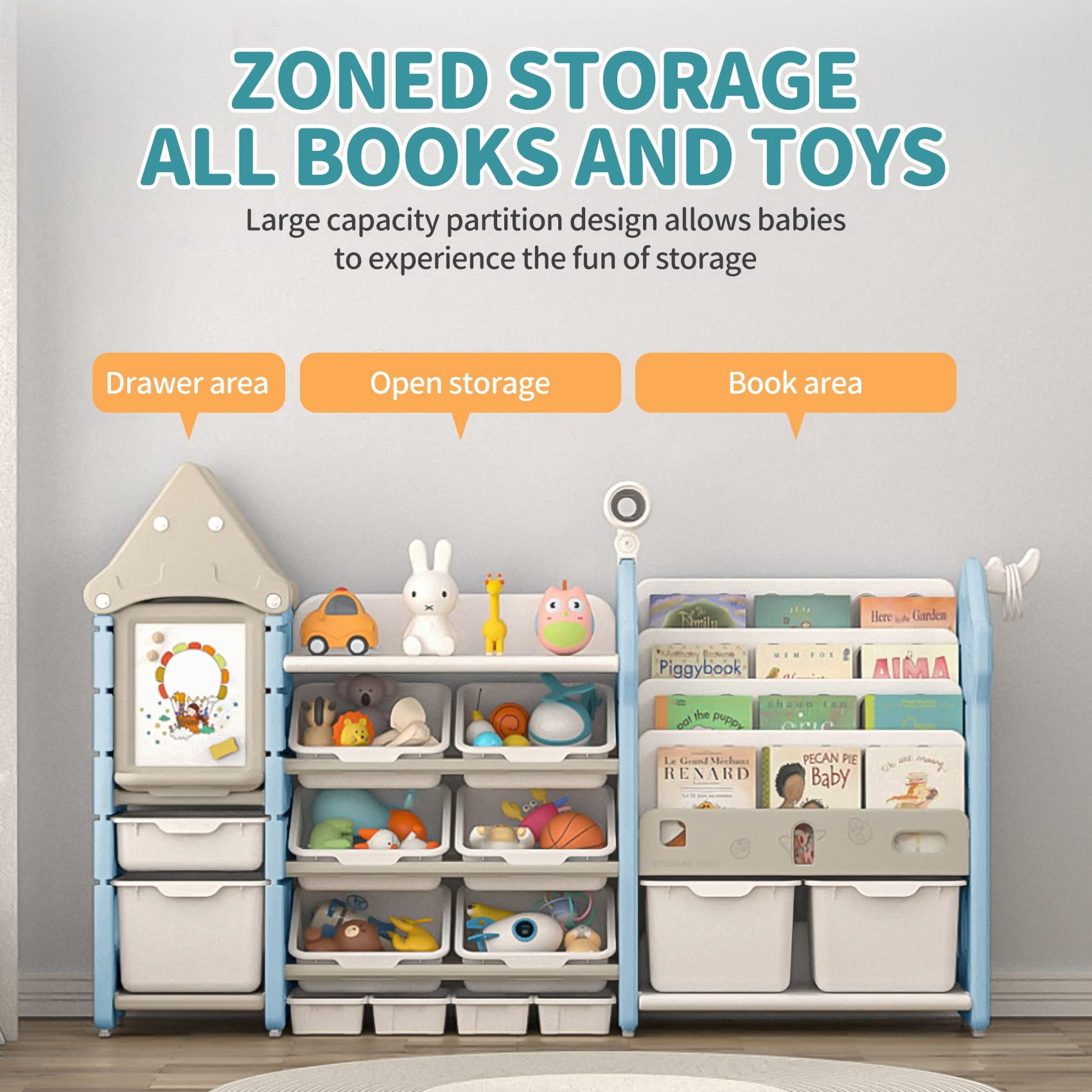 UNICOO® Kids Toy Storage Organizer and Children Bookshelf, with 14 Bins, Pull-Out Drawers Multipurpose Shelf for Toddlers to Organize Toys and Books (Magic Castle ? Blue)