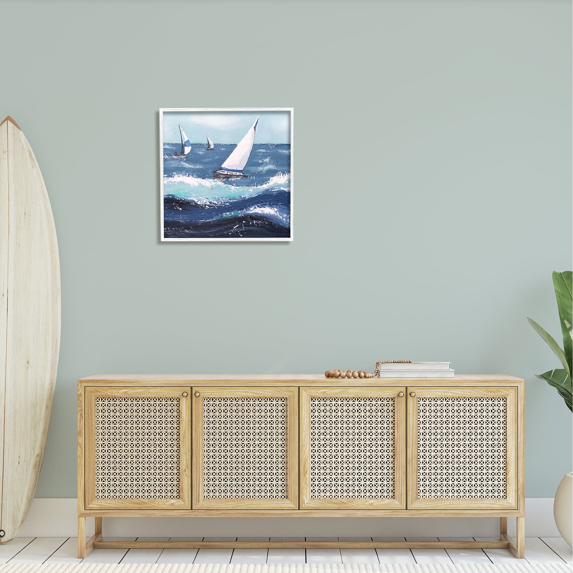 Stupell Rough Ocean Waves Sailing Boats Landscape Painting White Framed Art Print Wall Art