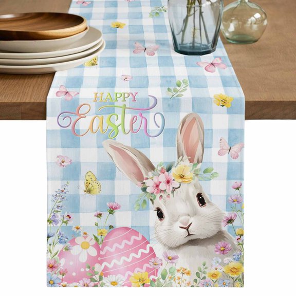 Blue Easter Table Runner 60 Inches, Spring Easter Bunny Eggs Floral Buffalo Plaid Bed Runner Dresser Scarves Tabletop for Indoor Outdoor Parties/Ceremony/Banquet, 13" x 60"