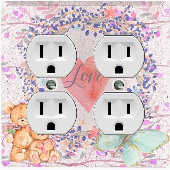 Metal Light Switch Wall Plate Outlet Cover (2 Teddy Bears With Love Heart Flower Balloon Flower Wreath Pink - Double Duplex)