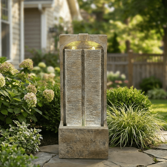 Sunrinx 39" Outdoor Water Wall Fountain with Warm White LED Lights, Modern Freestanding Resin Waterfall for Patio Garden Porch Yard Decor