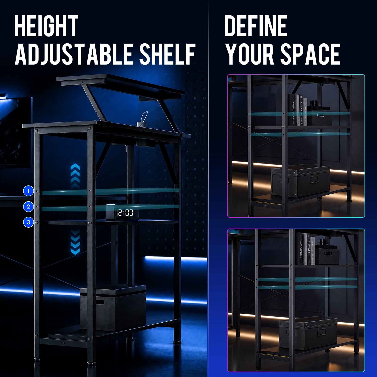 CLOUDREST PRO 42" L-Shaped Gaming Desk, Power Outlets & RGB LEDs, Black