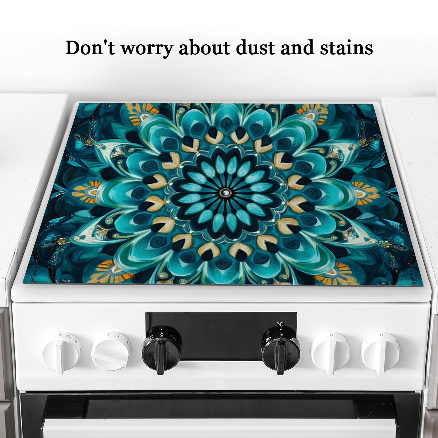 Kitchen Flat Stove Top Covers for Electric Stove, Blue Green Mandala Flowers Pattern Non-slip Glass Cooktop Protector, Heat Resistant Pad for Kitchen RV (28×20 Inch)