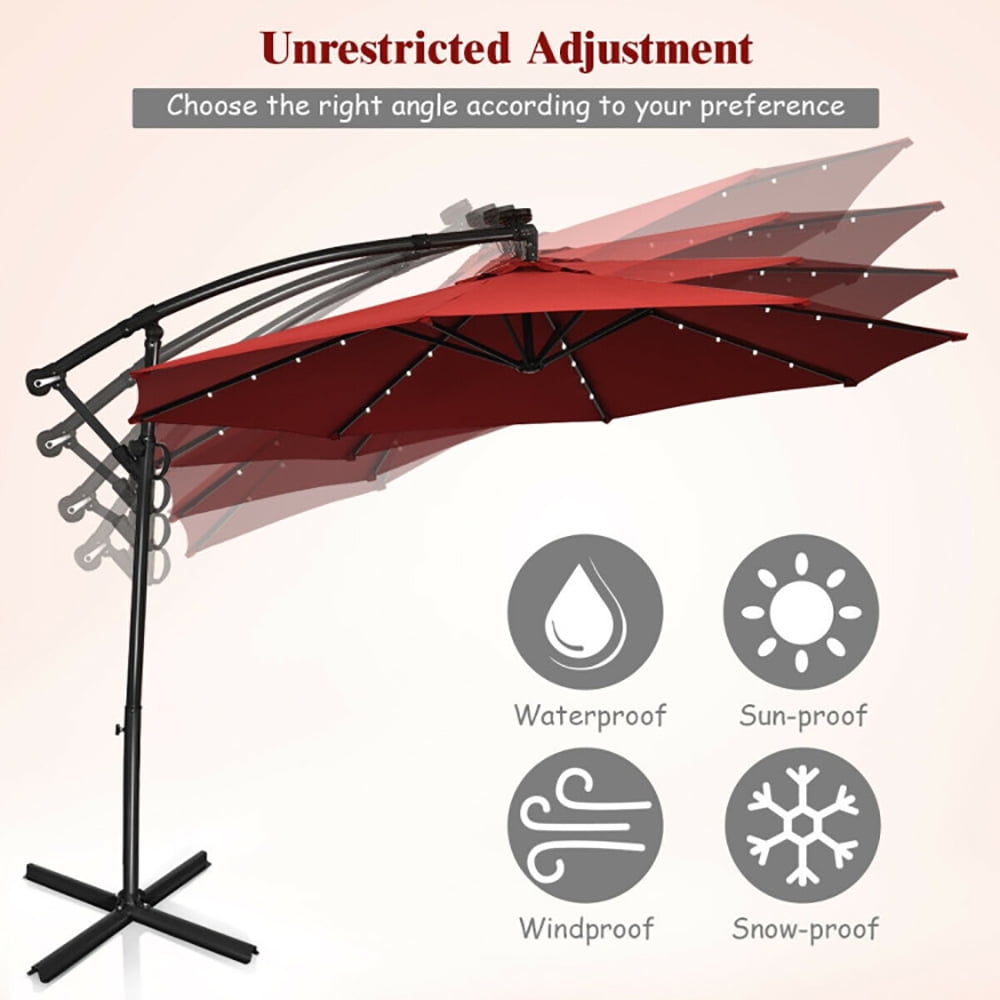 Aimee Lii 10 ft 360° Rotation Solar Powered LED Patio Offset Umbrella without Weight Base, Outdoor Umbrellas for Patio, Red Aimee Lii 10 ft 360° Rotation Solar Powered LED Patio Offset Umbrella without Weight Base, Outdoor Umbrellas for Patio, Red