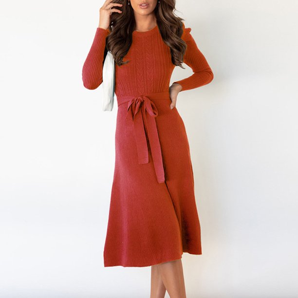 Vestido de corte A con vuelo para mujer con cinturón Vestido informal elegante para ir al trabajo Ygjytge Rojo T M para Mujer