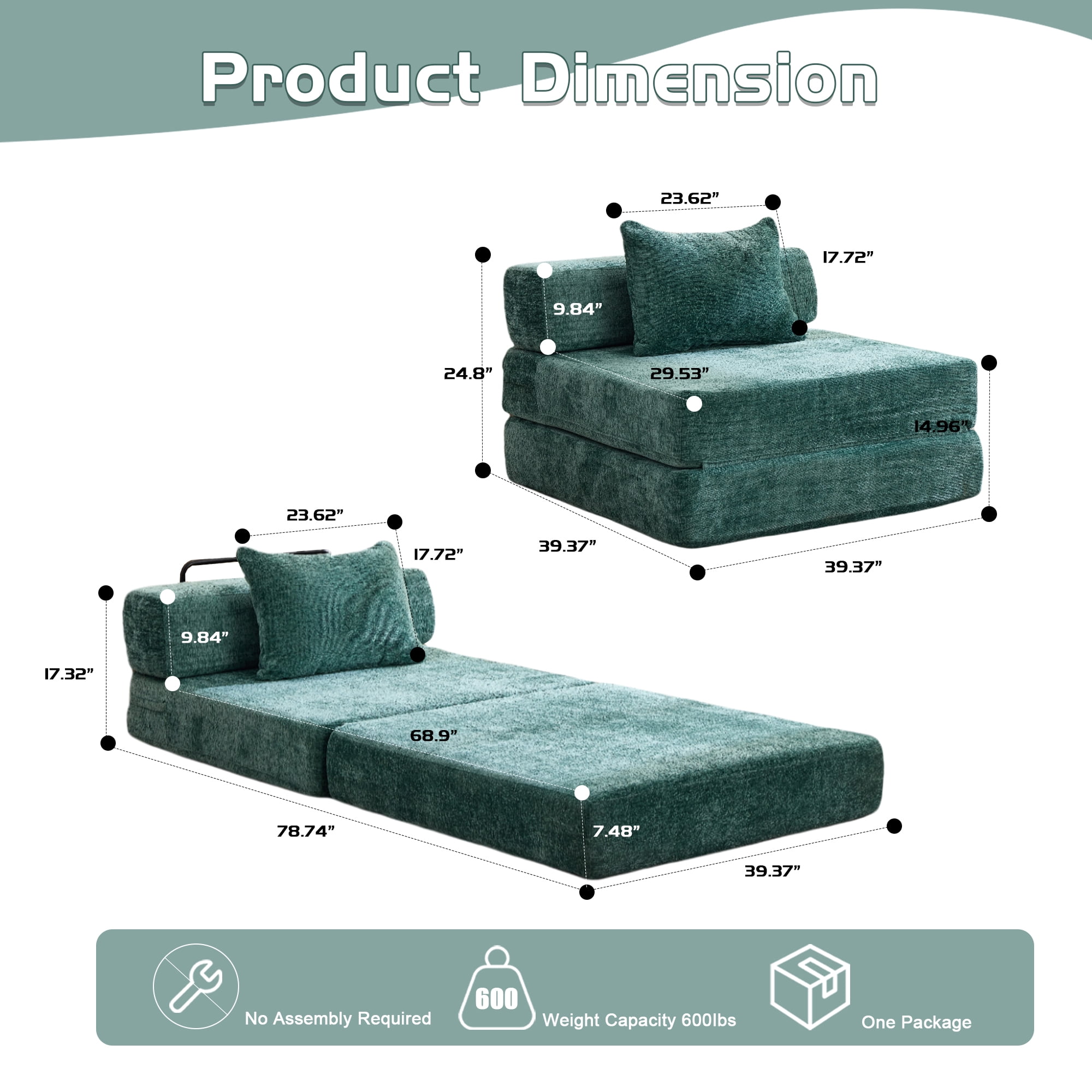 Miniyam Folding Sofa Bed, Convertible Sleeper Chair with Pillow Foldable Mattress with Back Support, Green