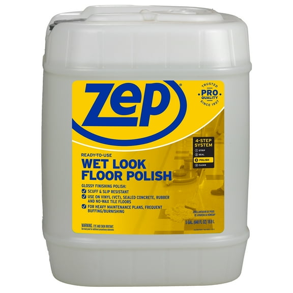 Zep Wet Look Floor Polish - 5 Gallon (1 Unit) ZUWLFF5G - Long-Lasting Glossy Finishing Polish for Vinyl (VCT), Concrete, and Tile Floors