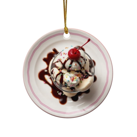 Ice Cream Sundae with Chocolate Syrup, Cherries Lovers Christmas Ornament, Foodie Gift for Kitchen, Chef Cooking Food Novelty Xmas Ornament (Flat Printed Ceramic, NOT 3D)