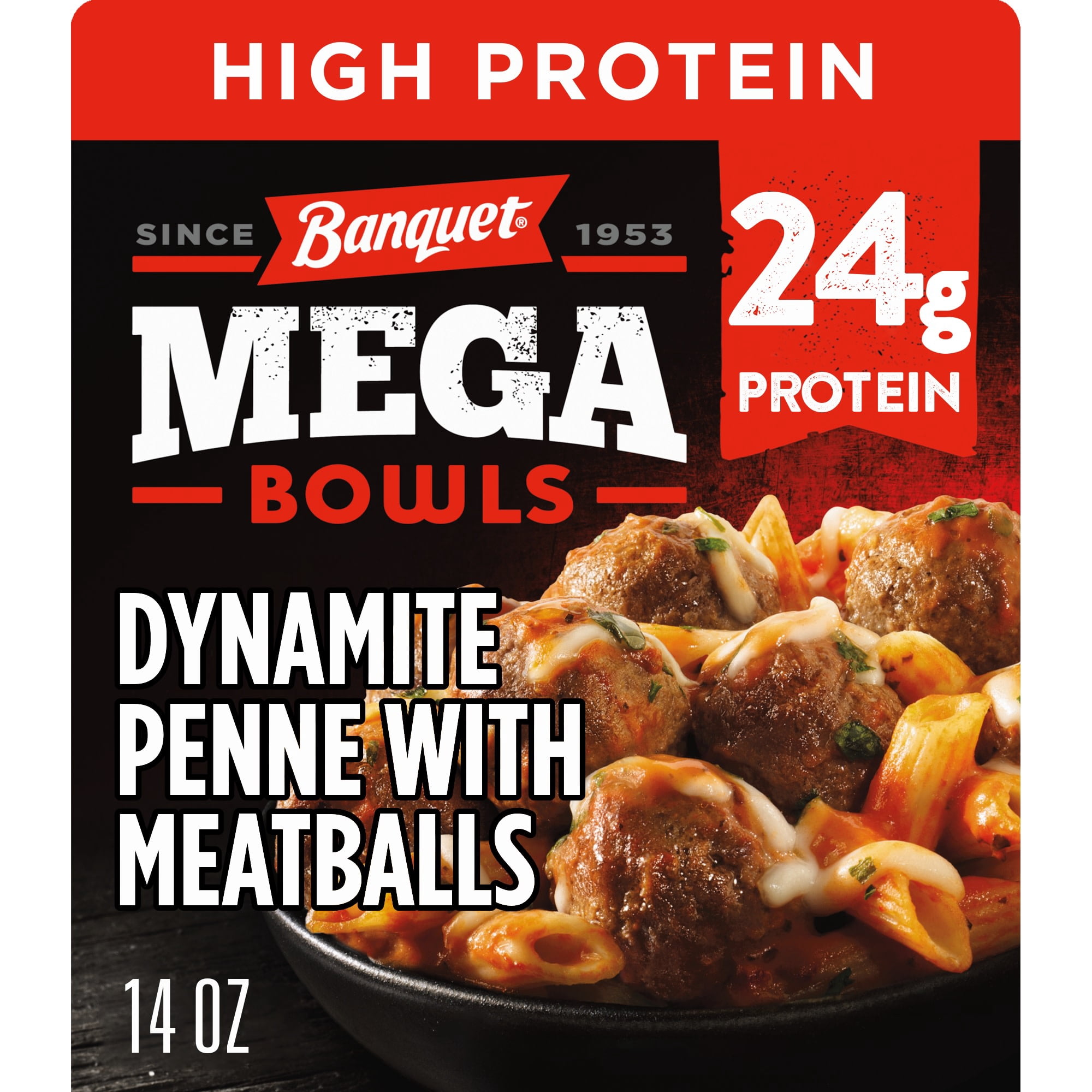 Banquet MEGA Bowls Dynamite Penne with Meatballs, 24g Protein, High Protein Frozen Meal, 14 oz.