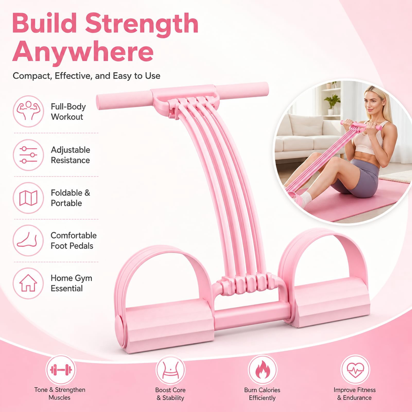 Pedal Resistance Band with Handles, Exercise Bands for Home Workout, Sit Up Pull Rope for Full Body Fitness, Portable Stretching and Strength Training Equipment for Men Women
