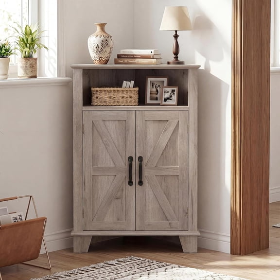 Sunshen Bathroom Corner Storage Cabinet,Farmhouse Floor Cabinet with Open Storage & Adjustable Shelf, 4-Tier Space Saver Organizer for Kitchen, Living Room, Entryway,Oak Gray