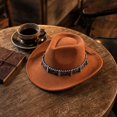 thumbnail image 4 of Qwertyu Wide Brim Western Cowboy Cowgirl Hat with Wind Lanyard Felt Fedora Hat for Men Women Orange, 4 of 6