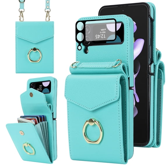 Allytech Galaxy Z Flip 4 Case + 1 Pcs Camera Lens Screen Protector, Multiple Cards Holder Ring Stand Crossbody Shoulder Strap Wallet Case Cover for Samsung Galaxy Z Flip 4 5G - Green