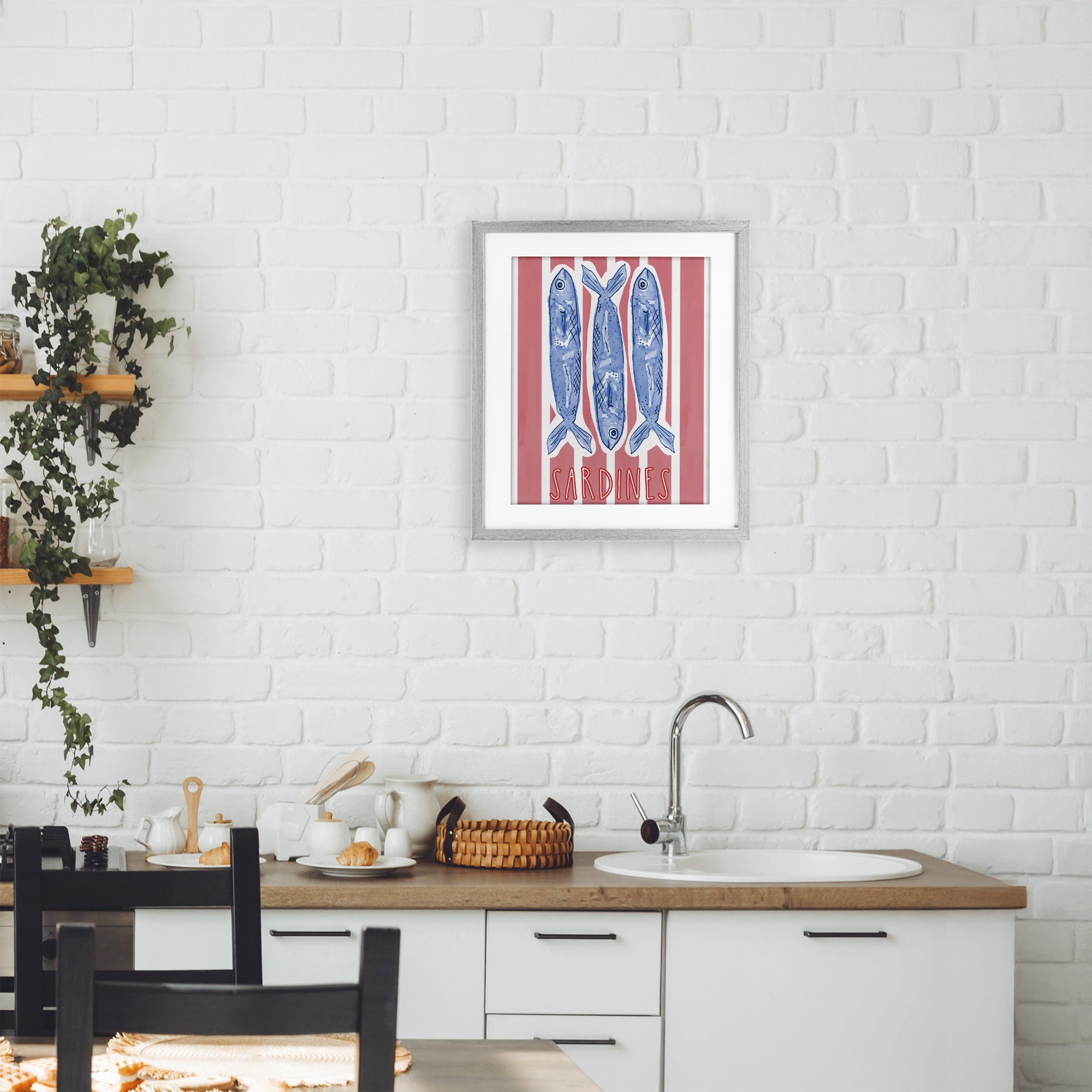 Stupell Industries Americana Sardines on Pink Stripes Gray Framed Print Under Glass, design by Nola James