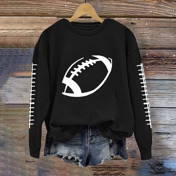 Rugby Shirt Women Football Sweatshirts Long Sleeve Crew Neck Fall Fall Fashion Must Haves Heart Graphic Cozy Football Print Sports Basic Tee Workout Tops Rugby Shirt Soft Work Office Black