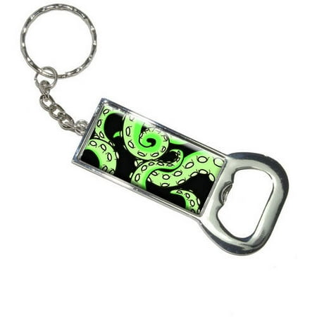 Octopus Bottle Nothing Specific Octopus Tentacles Green On Black Squid Kraken Keychain Bottle Bottlecap Opener ()