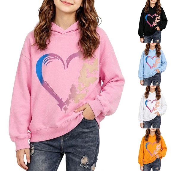 Mifsaly Toddler Girls Hoodies Heart Butterfly Print Long Sleeve Hooded Sweatshirts Fall Winter Everyday Casual Warm Pullover Pink,1-2Years