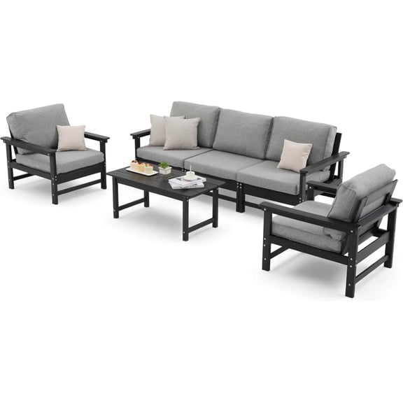 HDPE Outdoor Patio Furniture Set, 6-Piece Sofa Set with 3-Seat Couch, 2 Armchairs & Coffee Table, Weatherproof Conversation Set with Cushions, All-Weather Waterproof, for Garden, Porch & Backyard