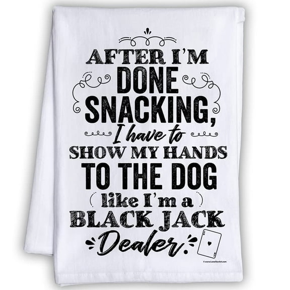 Funny Kitchen Tea Towels - After I'm Done Snacking, I have to Show My Hands to the Dog - Humorous Flour Sack Dish Towel - Hilarious Cleaning Cloth and Housewarming Host Gift for Dog Lovers