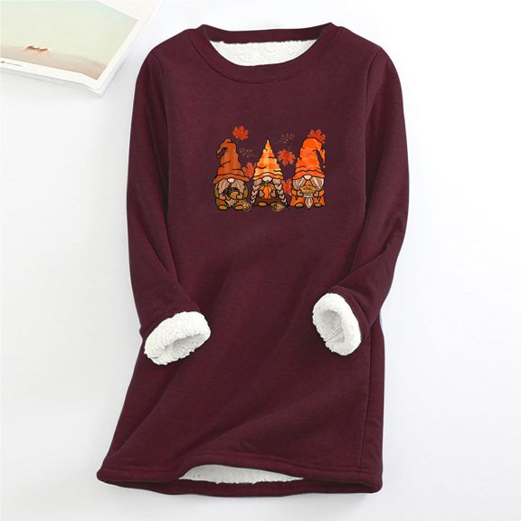 Azrian Plus Size Sweats for Womens,Women's Printing Round Neck Thickened Plush Warm Long Sleeve Tops M,Wine Deals Cheap on Sale