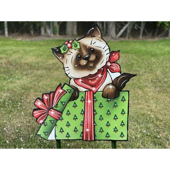 Kitty Cat In Green Gift Box Christmas Outdoor Decoration