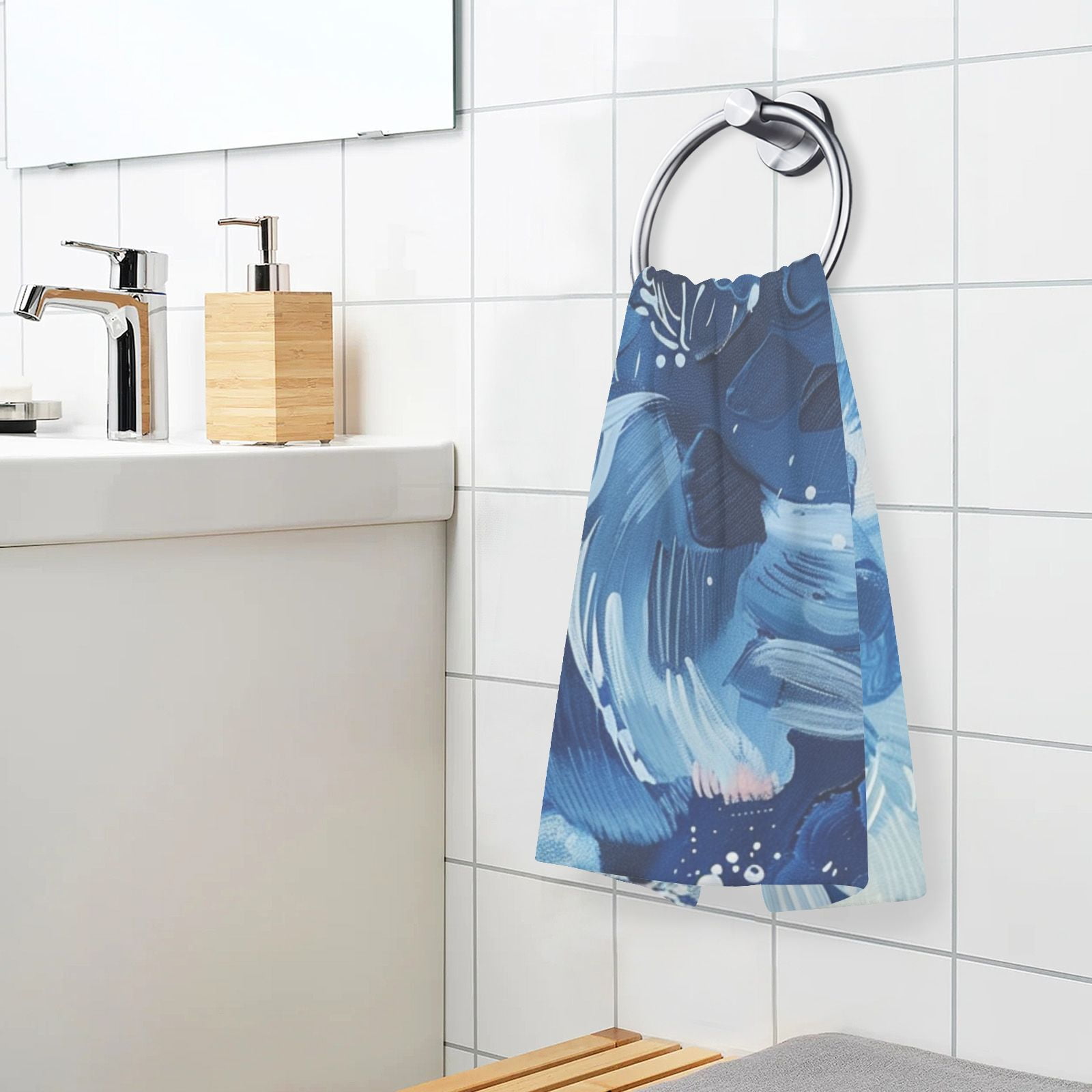 Blue Floral Hand Towels Cotton Bath Towels Large Face Towels Absorbent for Bathroom 2 Packs