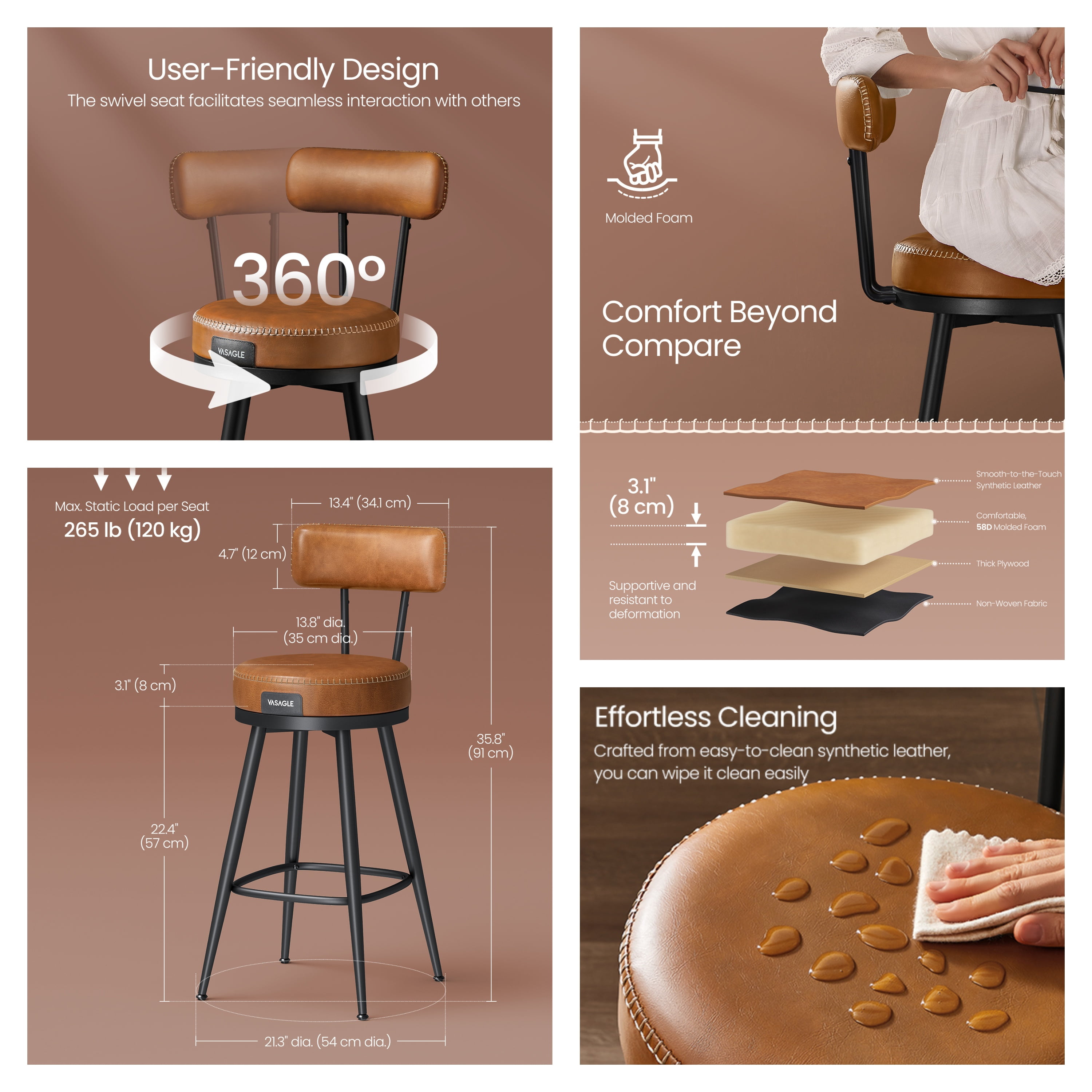 LEDREM Set of 2 Swivel Counter Height Bar Stools with Back,Kitchen&Home Bar Chairs,Padded Synthetic Leather Seats,25.6-Inch Tall,Caramel Brown