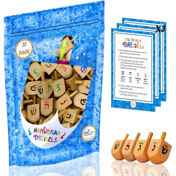 Draydel de madera de Hanukkah, paquete de 30 unidades con transliteración en inglés