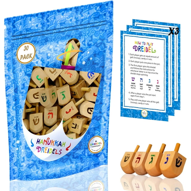 Draydel de madera de Hanukkah, paquete de 30 unidades con transliteración en inglés