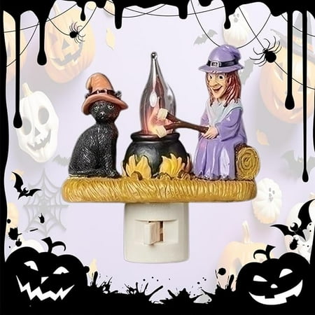 

Cat and Witch Campfire Flickering Nightlight 3D Cat and Witch Fire Marshmallow LED Night Light Lighted Halloween Witch Roasting S mores at Campfire Halloween Home Decorations