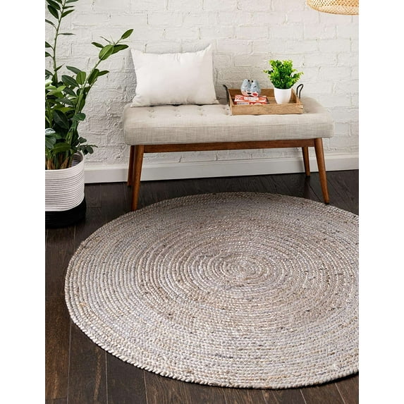 Avgari Creation Gray Round Hand Braided Farm House Solid Area Rag Rug Carpet-7" Feet