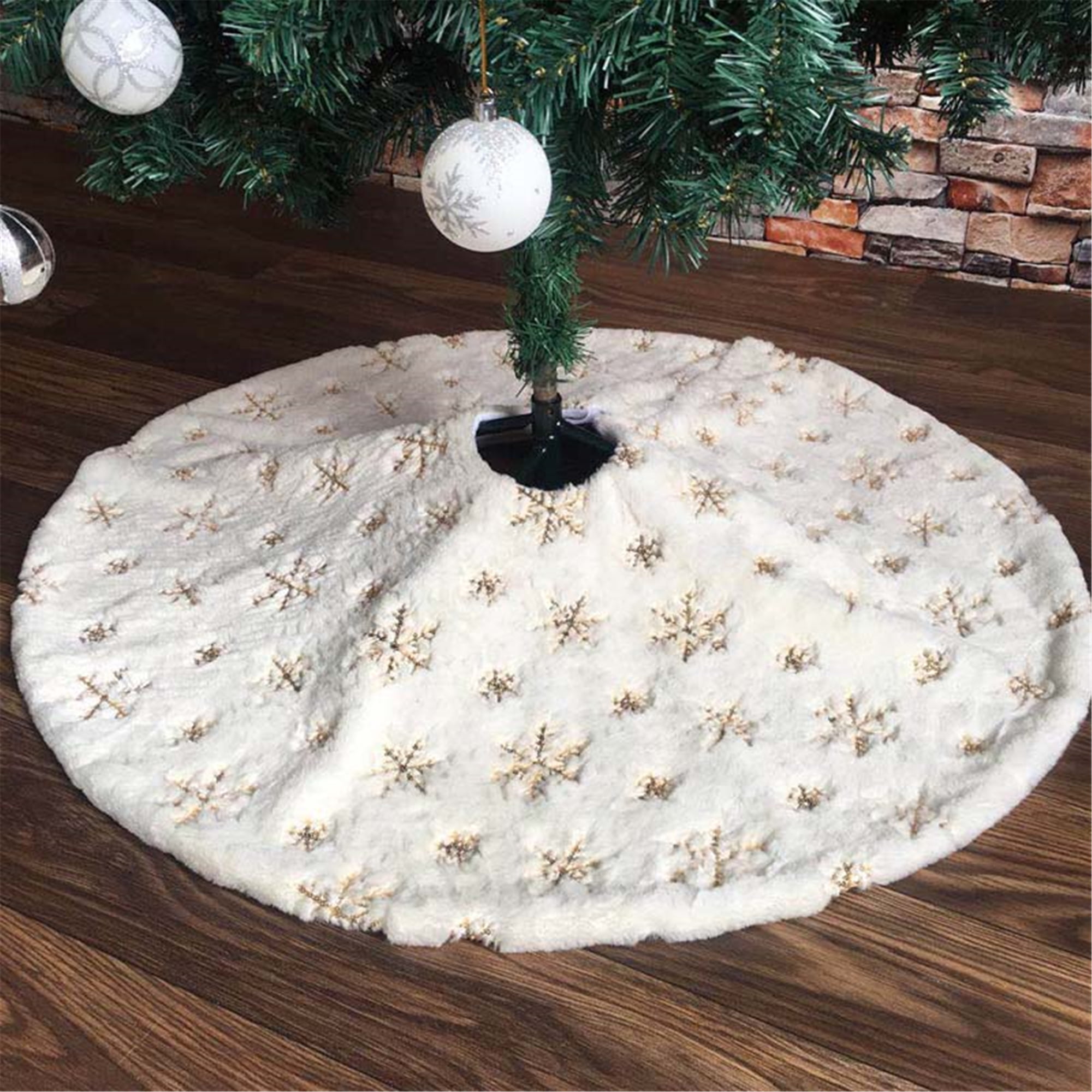 Long Plush White Snowflake Christmas Tree Skirt Base Floor Mat Cover Xmas Decor 