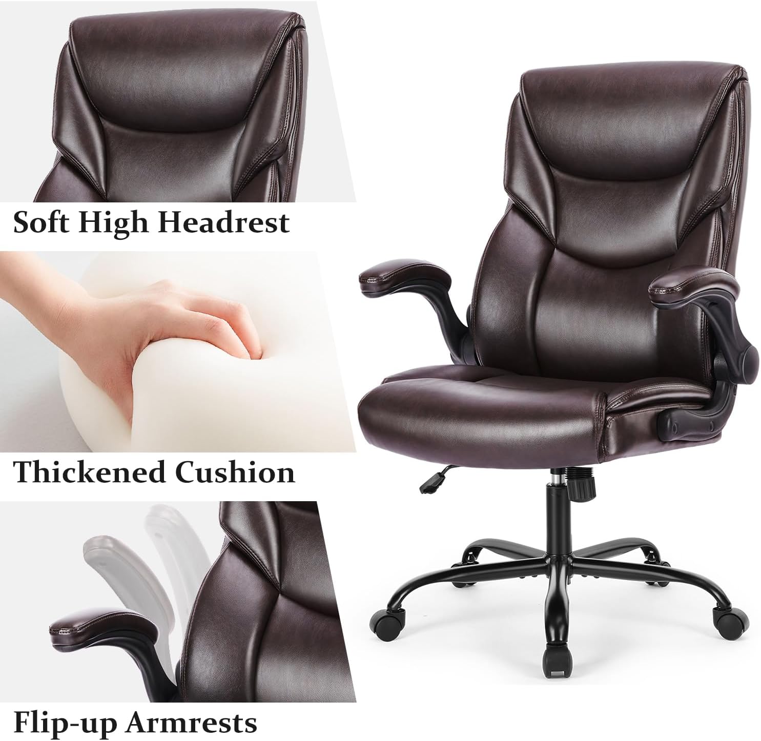 Ergonomic Office Chair, High Back Executive Desk Chair with Lumbar Support, Adjustable PU Leather Computer Chair with Flip-up Arms, Swivel Rolling Wheels Chair for Home and Office Use