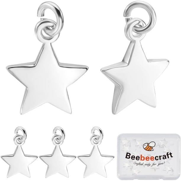 1 caja de 20 dijes de estrella chapados en plata de ley 925, colgantes de metal con forma de pentagrama de cinco puntas, mini dijes de estrellas con anillas de salto.