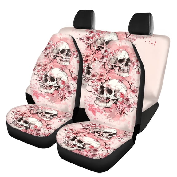 Pzuqiu Skull and Cherry Blossom Design Car Seat Covers Full Set 3 Pack, Front and Rear Seat Cover Set Polyester All Season Fit Easy to Install for Cars Truck SUVs