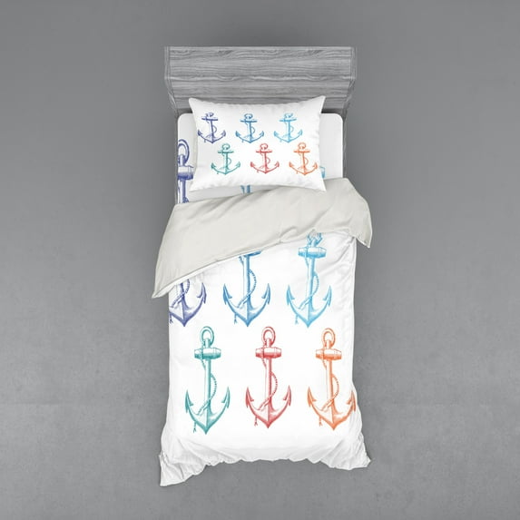 Ambesonne Nautical Bedding Set 3 Pcs, Colorful Anchor Marine, Twin XL, Multicolor