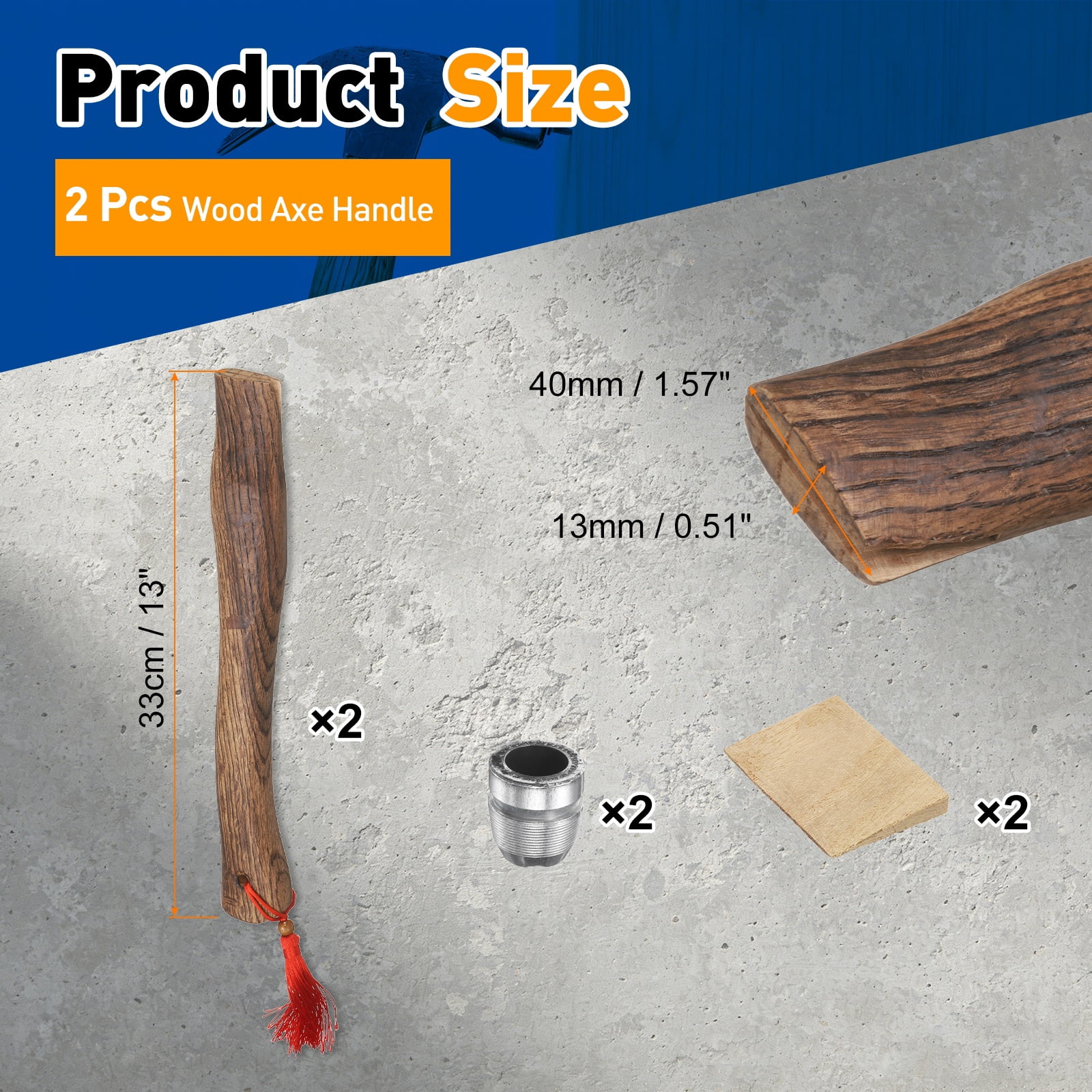 Uxcell 2pcs Wood Axe Handle Replacement 13" Universal Hickory Hatchet Handles with Wooden and Round Wedges for Camping Gardening Axe