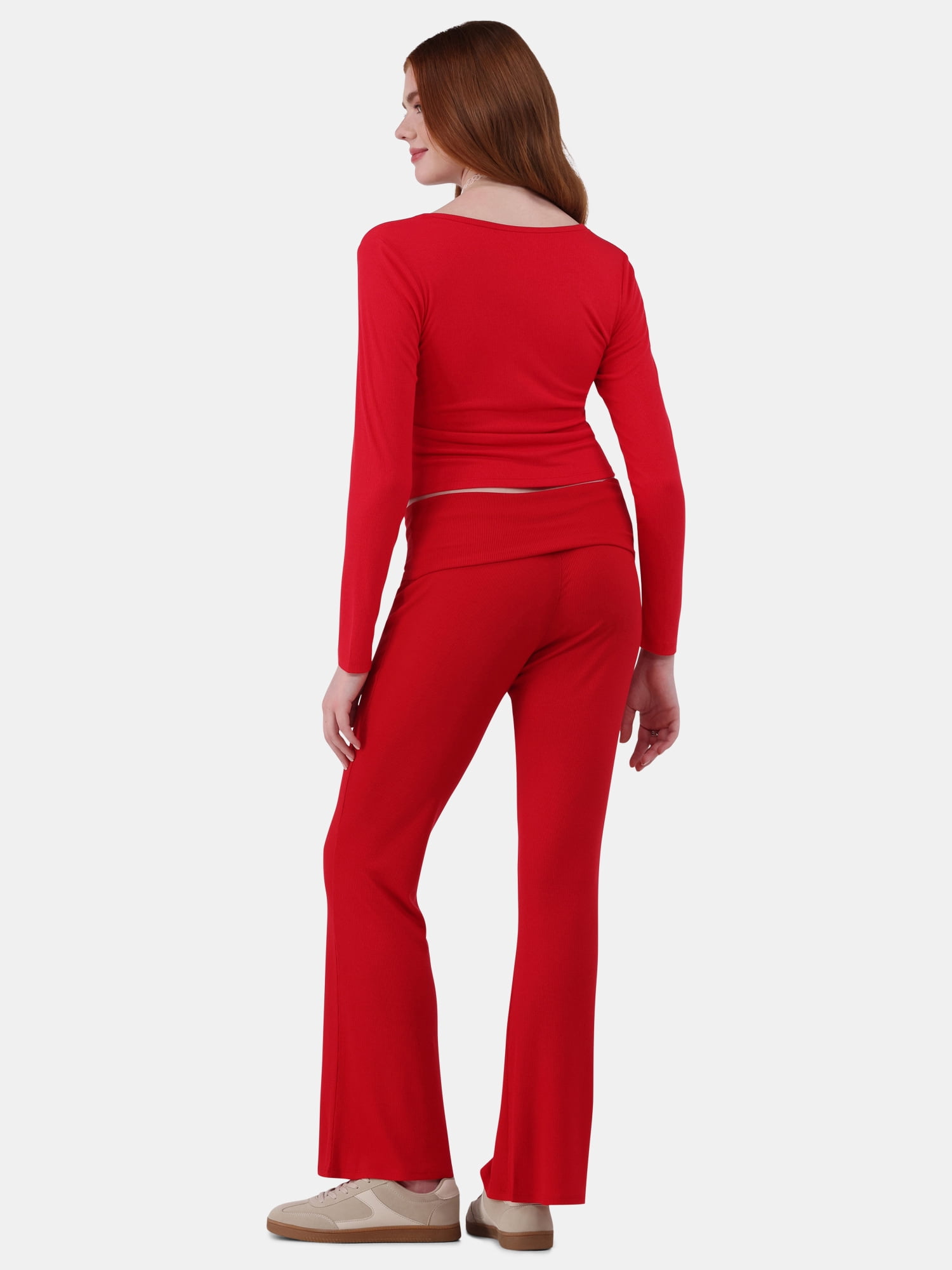 No Boundaries Ribbed Top and Flare Pants Pajama Set, 2-Piece, Women’s and Women’s Plus